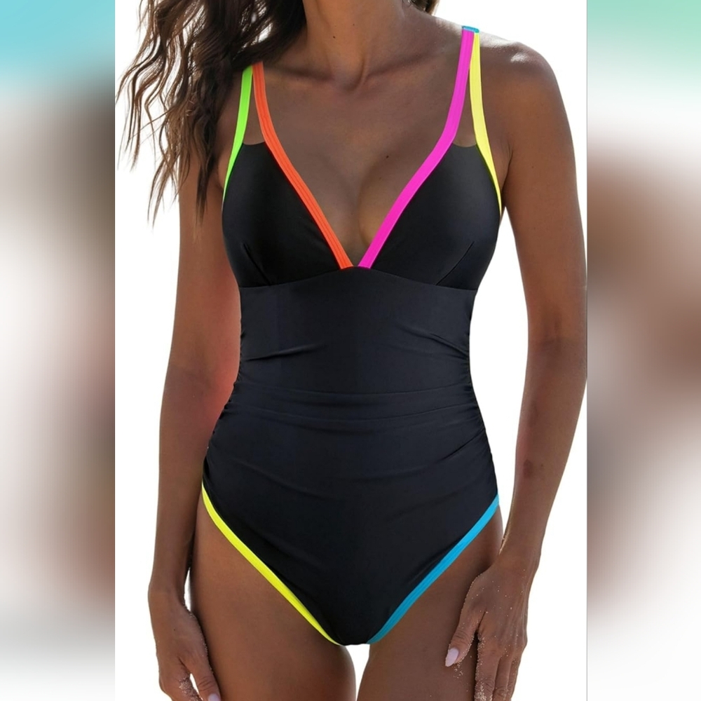 Popvil,One Piece Tummy Control Swimsuit, Neon Color Block Black,Medium